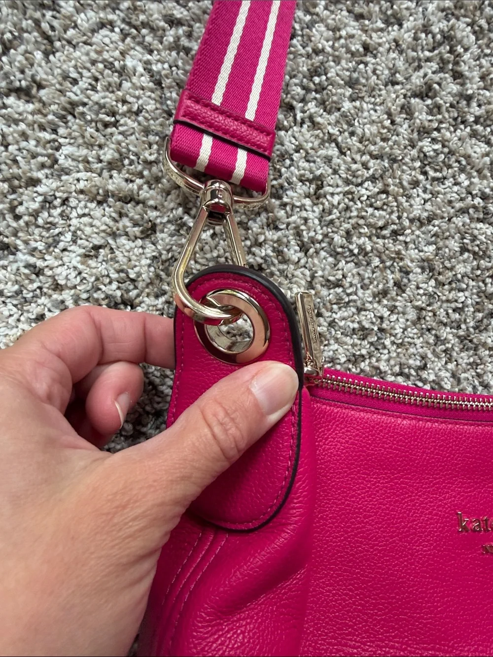 kate spade Fuchsia Pebbled Leather Crossbody with Striped Strap